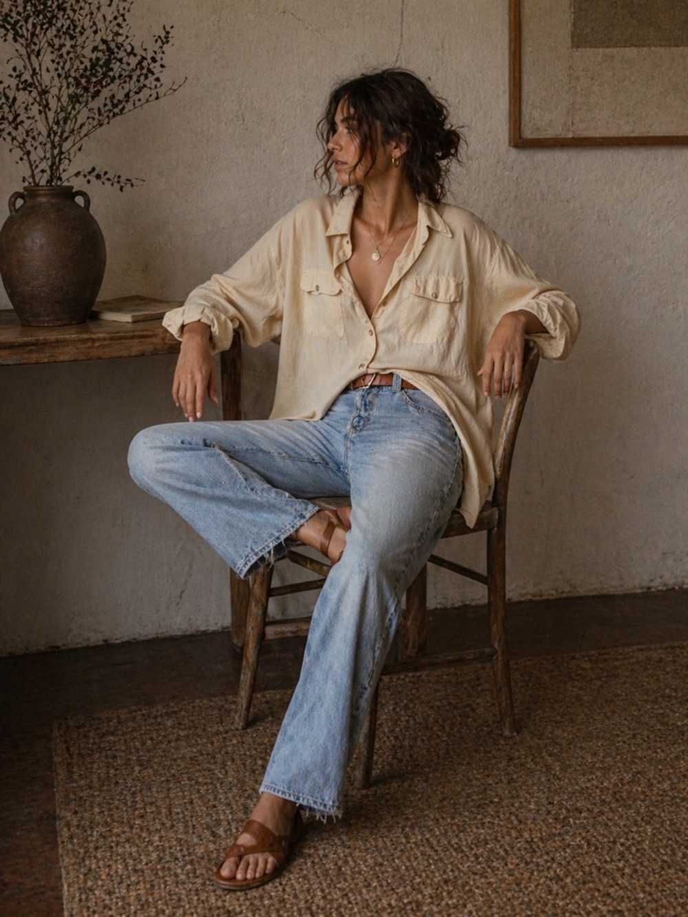 Vintage Sandwashed Silk Utility Blouse | Warm Beige | Size 8